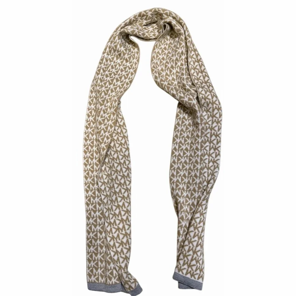 Michael Kors Knit Scarf Beige Cream Logo Monogram Gray Trim